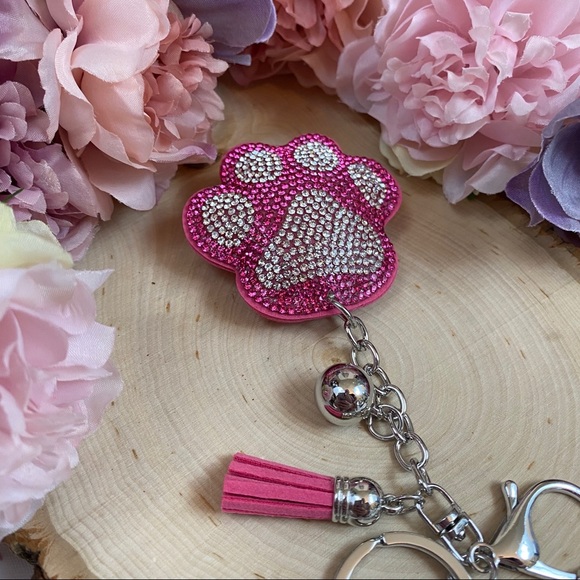 Pink Crystal Paw Print with Tassel on a Keychain - Picture 5 of 8